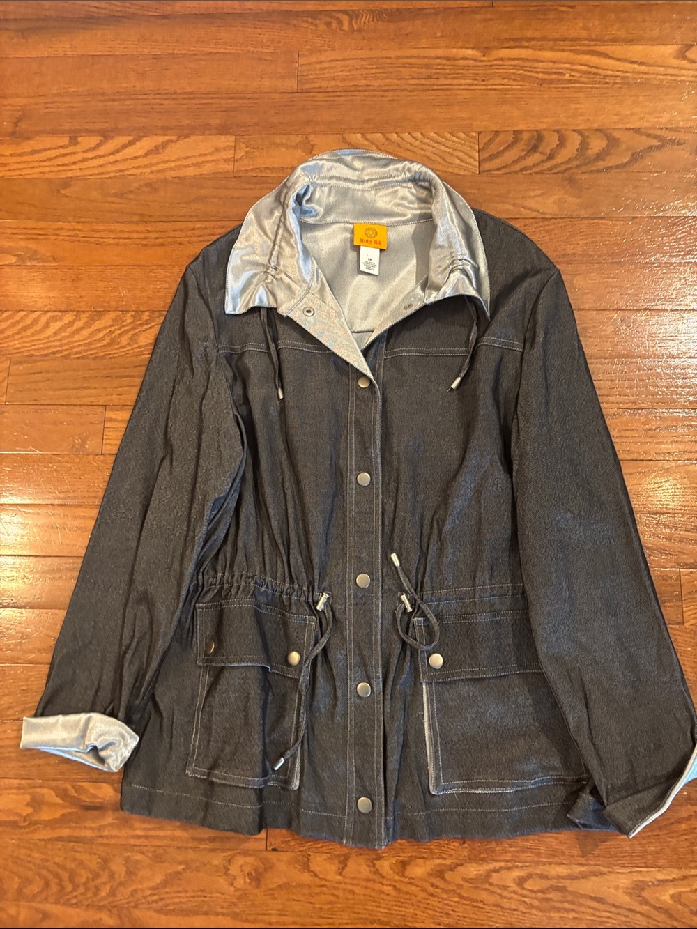 Ruby Rd. Black Denim Drawstring Jacket with Silver Lining